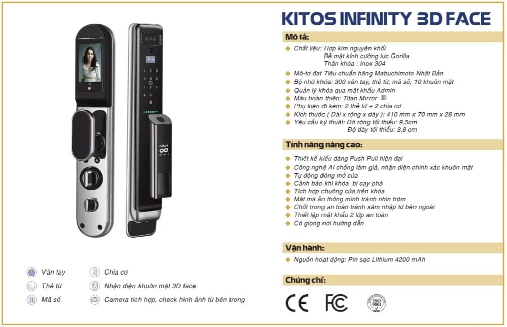 Mô tả sản phẩm khóa vân tay Kitos Infinity 3D Face