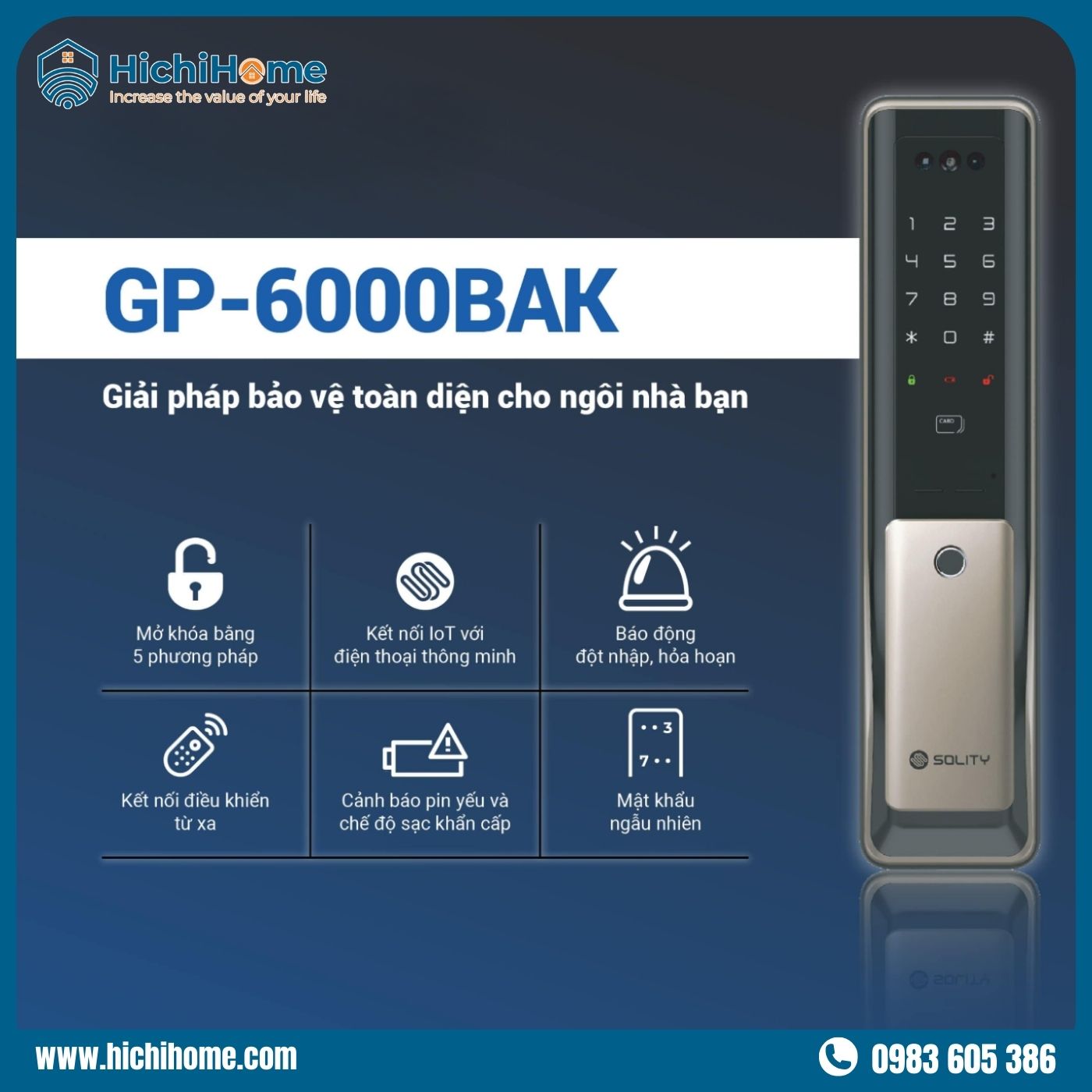 Khóa điện tử cửa gỗ Solity GP-6000BAK đảm bảo an toàn