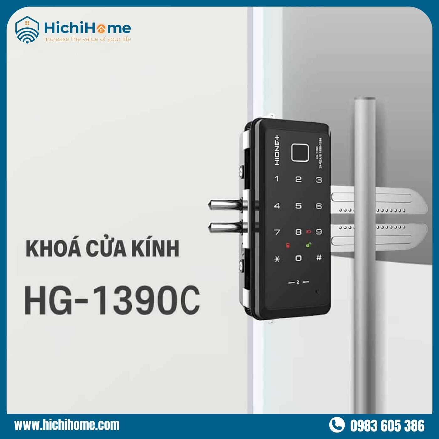 Khóa cửa kính cường lực vân tay Hione HG-1390C thẻ từ