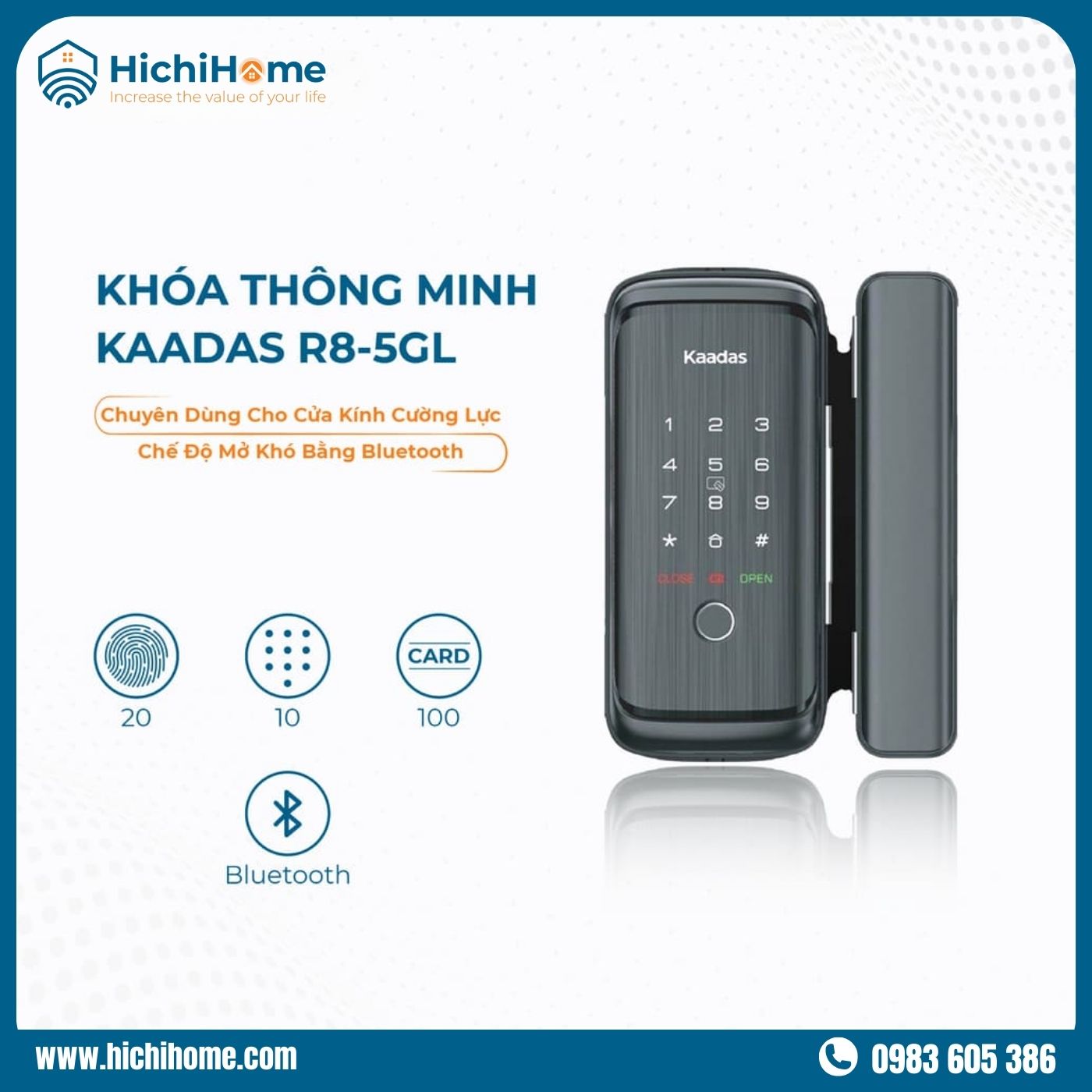 Khóa thẻ từ cửa kính thông minh R8-5GL cường lực, thuỷ lực