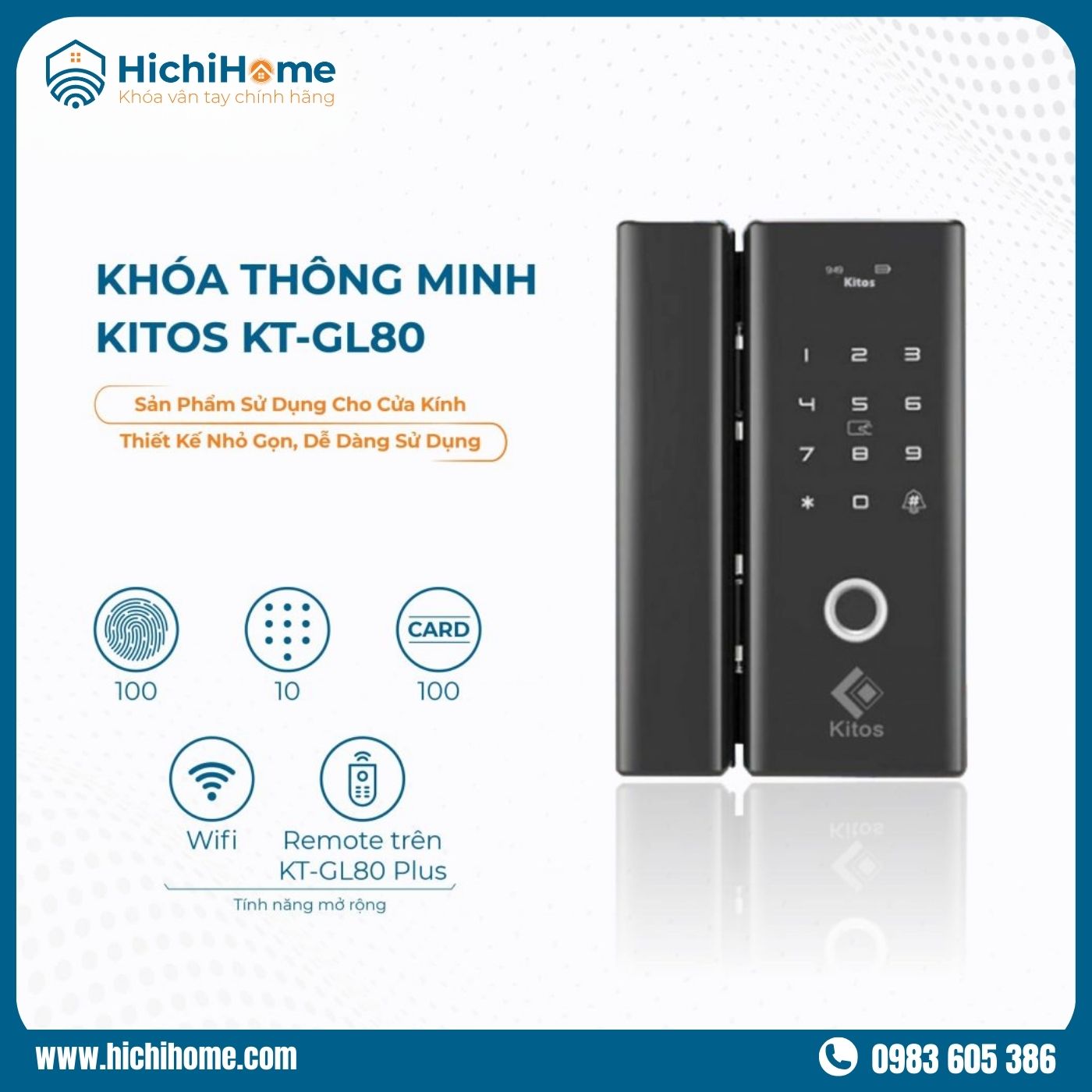 Mẫu khoá vân tay cho cửa kính Kitos-KT-Gl80 với đầy đủ tính năng tiện lợi